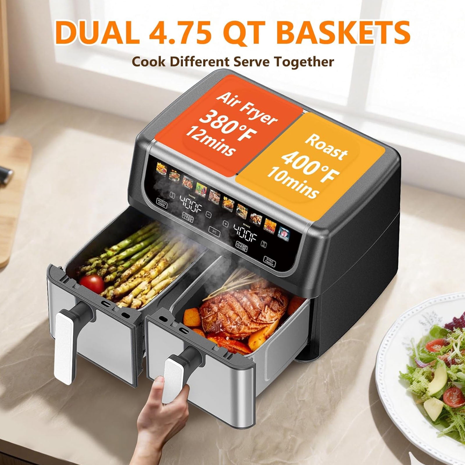 Casabay Dual Basket Air Fryer, 9.5 Qt Large Capacity Oven, 10-in-1 Functions, 1700W Touch Screen Dual Zone Temperature Control & Timer for Baking, Roasting, Reheating, Black