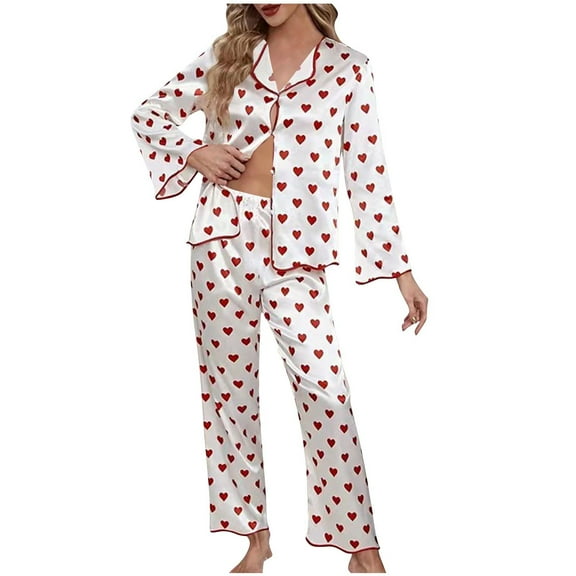 cfhntfmh Womens Satin Pajama Sets Button down Pj Set Cute Heart Print Long Sleeve Shirt with Long Pants Loungewear(Red,X-Large)