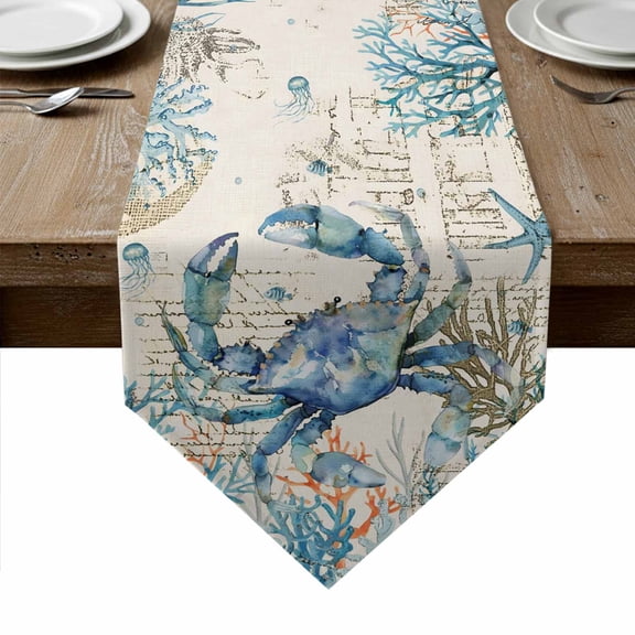 Coastal Crab Table Runner Linen Burlap Table Runner 48 Inches Long Vintage Summer Beach Coral Ocean Dresser Scarves for Kitchen Island Coffee Dining Room Party Holiday Decoration 13"x48"