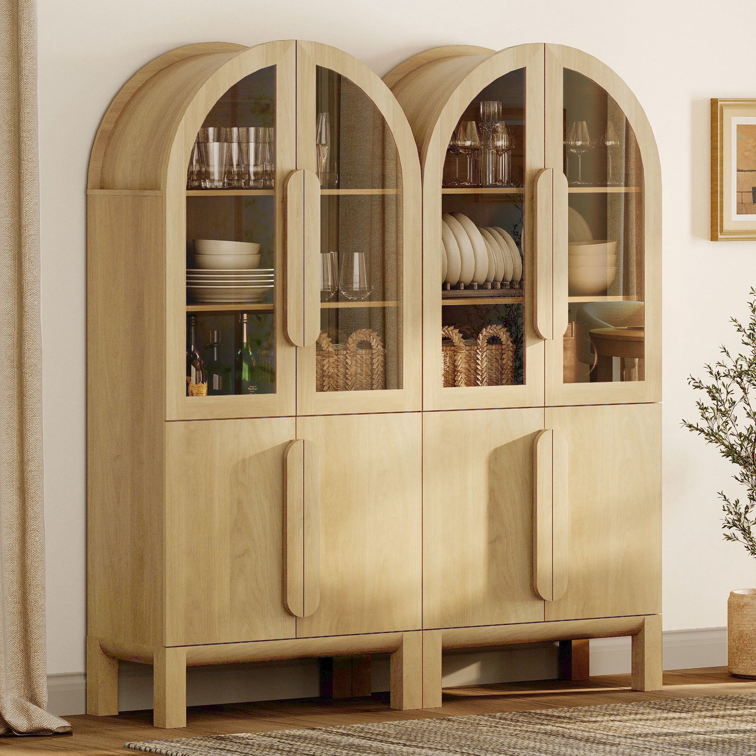 63"W Arched Kitchen Hutch Sideboard, Mid-Century Modern Wooden Buffet Hutch Cabinet with 4 Glass Doors And 3 Tier Shelves