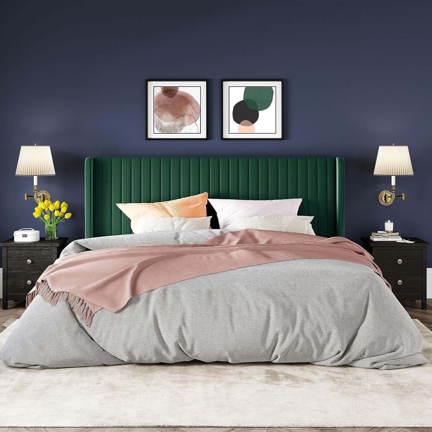 Allewie King Size Bed Frame/Velvet Upholstered Platform Bed/Vertical Channel Tufted Wingback Headboard/Strong Wooden Slats/No Box Spring Needed/Easy Assembly/Green
