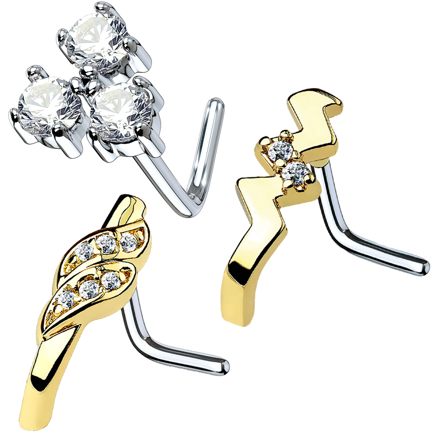 BodyJ4You BodyJ4You 3PC Nose Ring LShape Stud 20G Clear CZ Goldtone