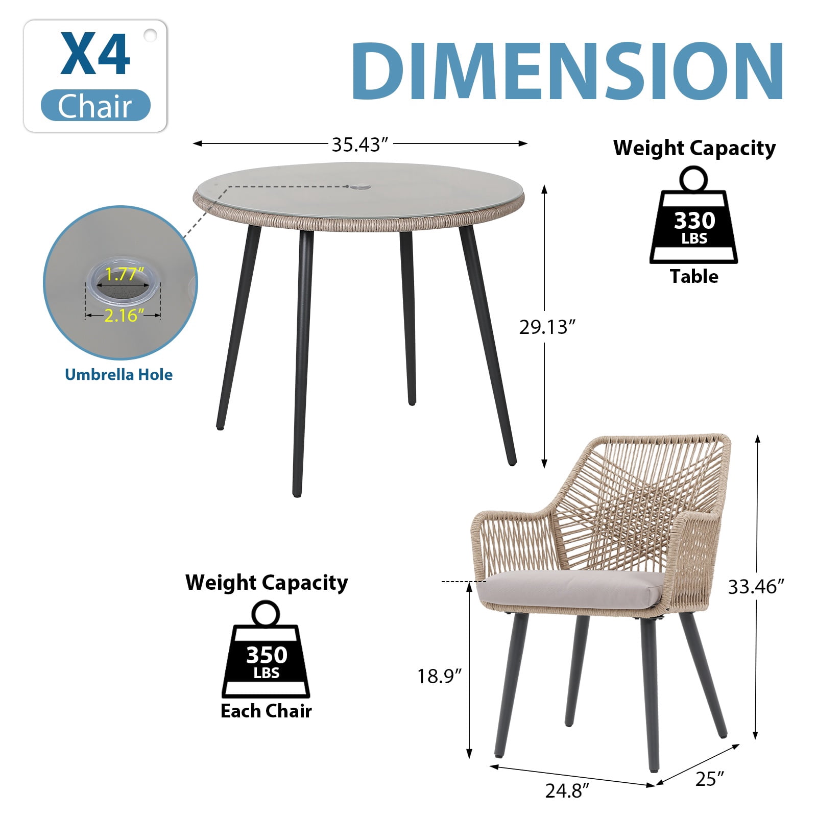 JOIVI 5-Piece Outdoor Patio Dining Set with Rattan Dining Chairs for 4-Person & Tempered Glass Table, 2.16” Umbrella Hole, Tan