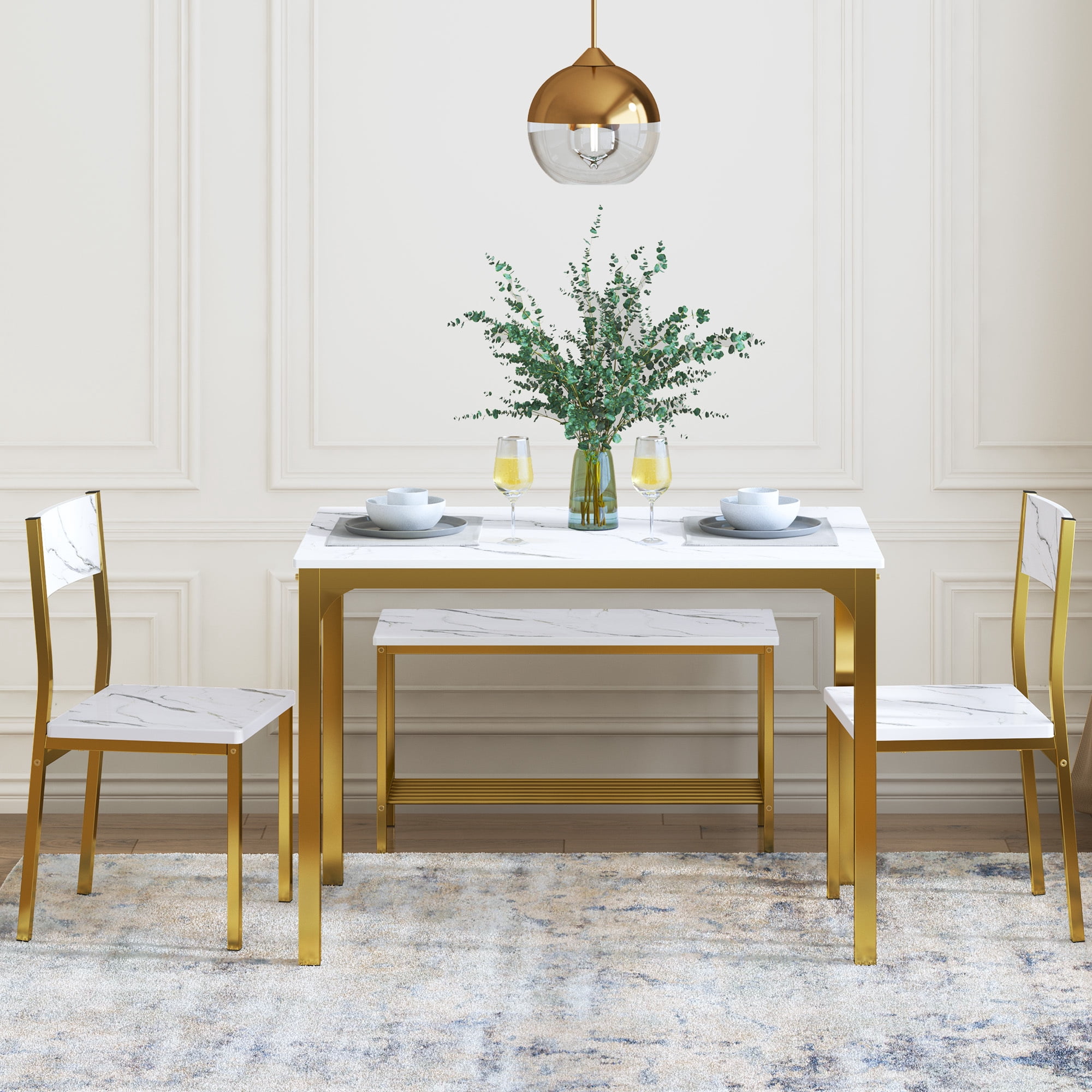 SogesPower 4 Pieces Contemporary Wood, Iron Dining Table Set Gold/White