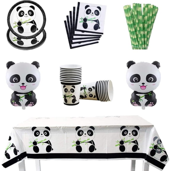 88 Pcs Black White Panda Birthday Party Decorations, Include Cup Plate Napkins Paper Straws Tablecloth and Balloon, Baby Shower Party Supplies Disposable Tableware Set, Serves 20 Guests