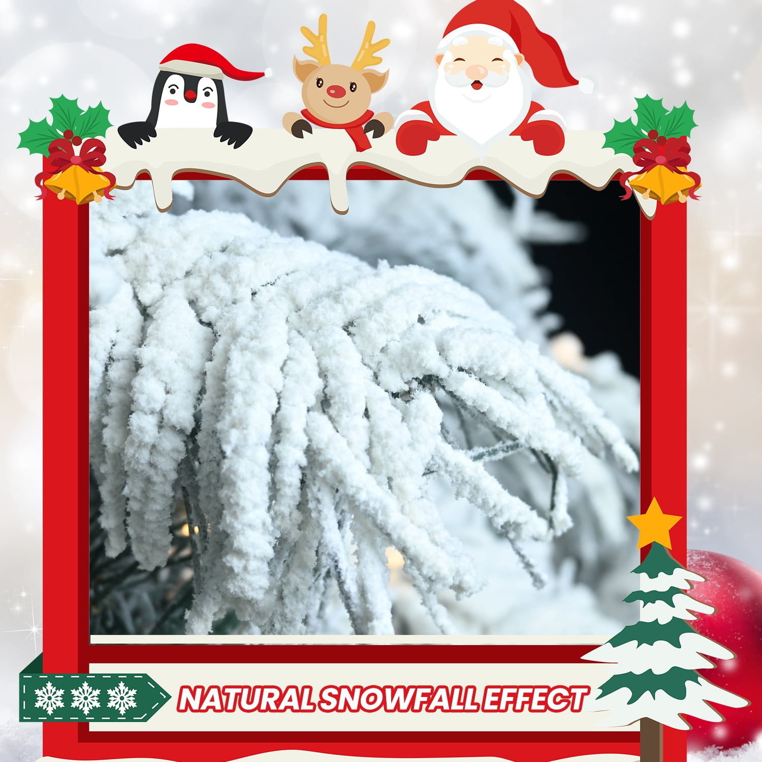 Euroco 7ft Flocked Scarecrow-Shaped Christmas Tree with 360 Warm White LED Lights, 890 PVC Memory Wire Tips,Power Pole & Hinged Structure – Realistic Snowy Holiday Tree