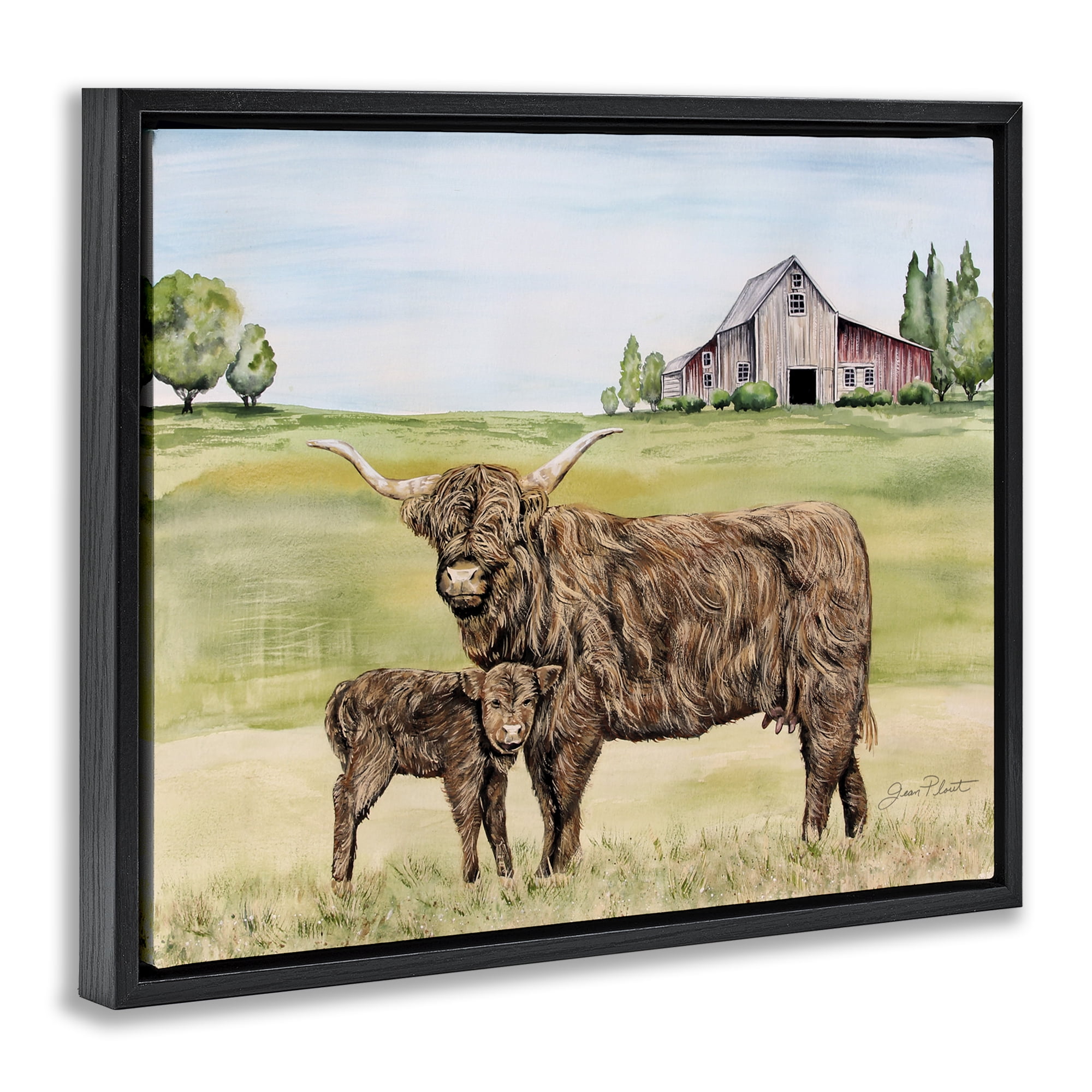 Highland Cow And Calf Black Framed Floater Canvas Wall Art, design by Jean Plout