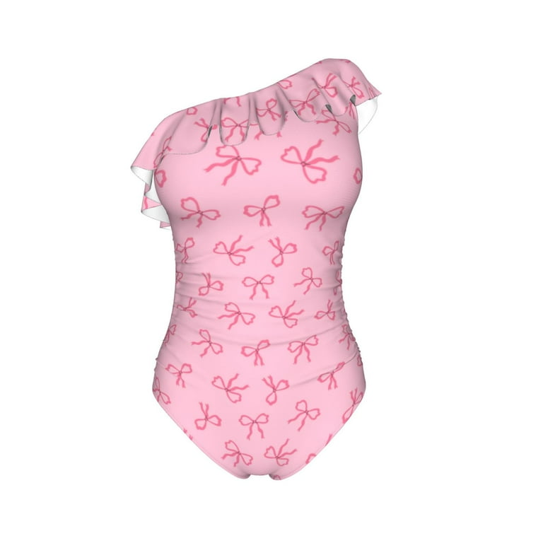 Haiem Pink Bows Women's One Piece Swimsuits Tummy Control One Shoulder  Bathing Suits Ruffle Swimwear-Medium