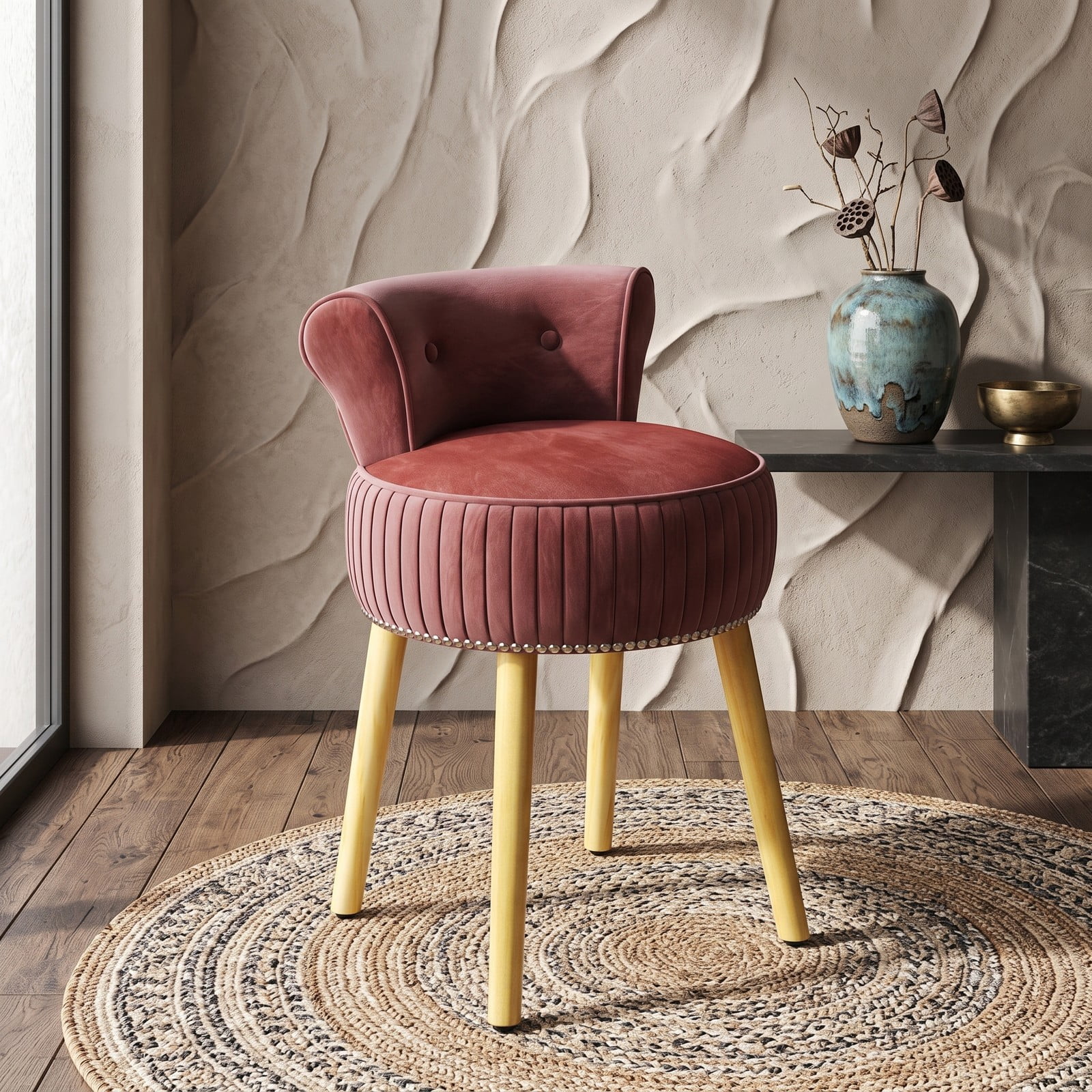 Furnibear Velvet Vanity Chair with Tufted Low Back and Solid Wood Legs for Bedroom Makeup and Dressing Table Seating, dusty rose