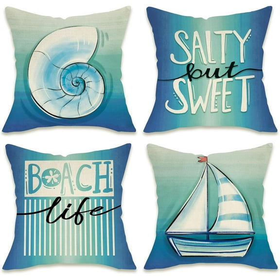 Summer Coastal Conch Decorative Throw Pillow Covers 18 x 18 Set of 4, Beach Life Salty But Sweet Porch Outdoor Pillowcase, Blue Nautical Sailboat Spring Seasonal Cushion Case Home Decor