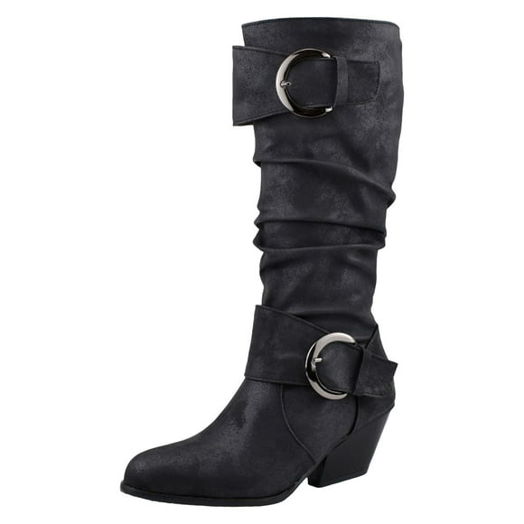 Slouchy Mid Calf Boots for Women Trendy Leather Pointed Toe Chunky Heel Buckle Knee High Riding Tall Boots