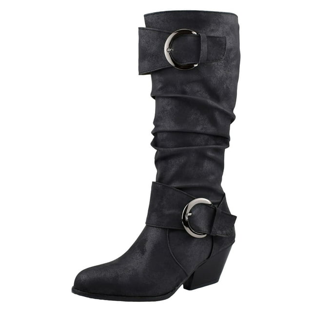 Slouchy Mid Calf Boots for Women Trendy Leather Pointed Toe Chunky Heel Buckle Knee High Riding Tall Boots