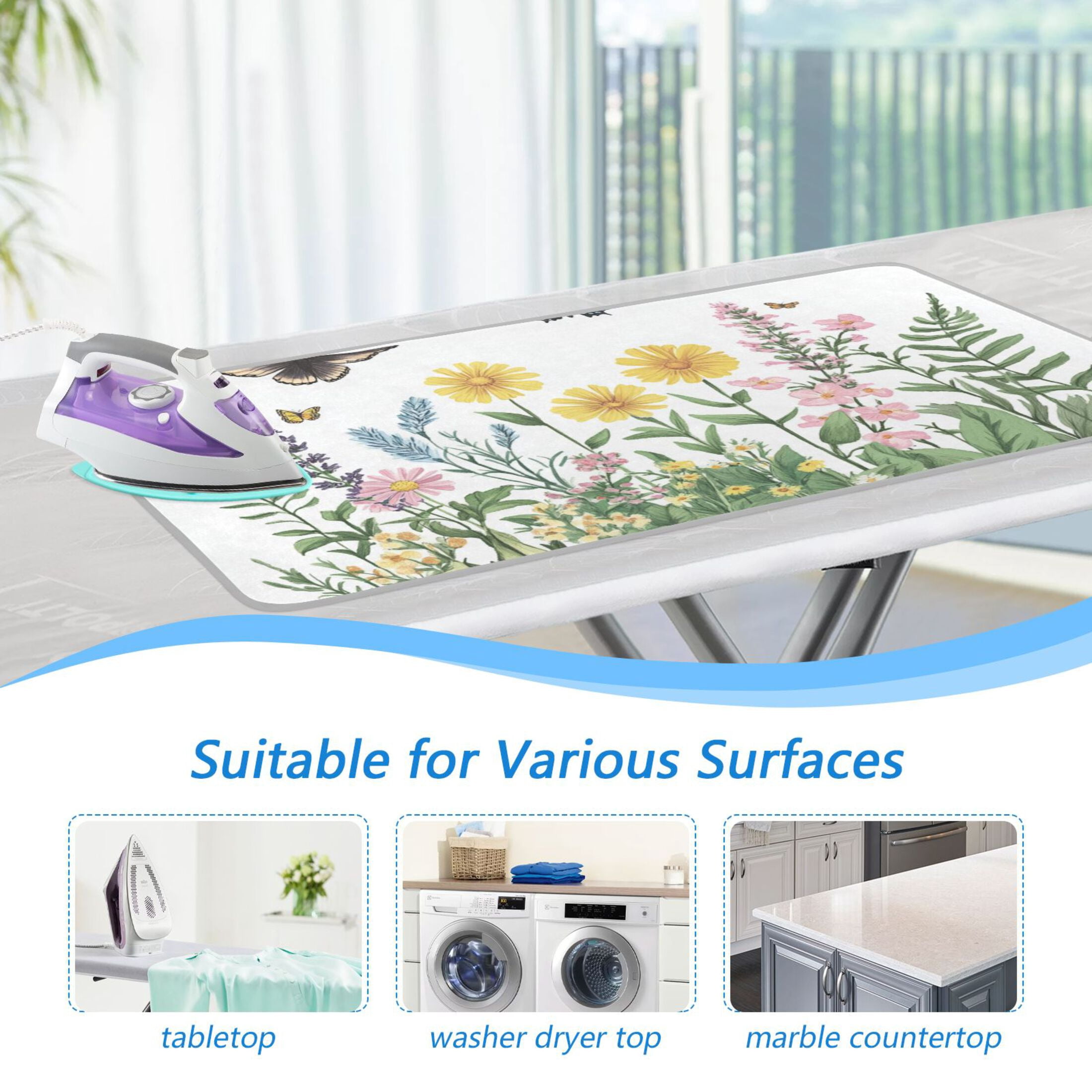 Flowers Ferns Birds with Butterflies Ironing Mat Blanket Portable Travel Ironing Pad Heat Resistant Pad 47.2" x 27.6”
