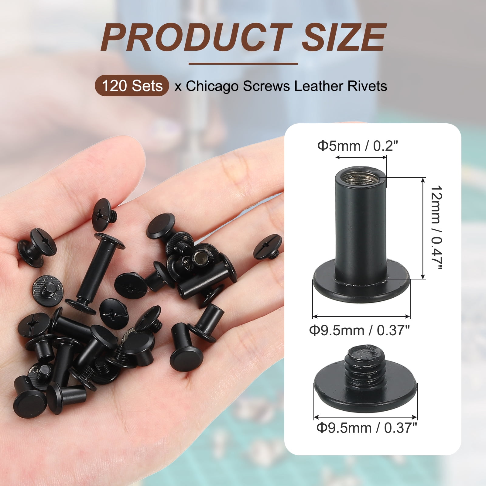 Uxcell 15mm Chicago Screws Leather Rivets, 120 Set Leather Rivets Nail Stud Screws Bolt Assorted Kit for DIY Leather Craft Bookbinding Decorate Repair Belt Bag Clothing, Black