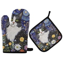 Yayeee Oven Mitts and Pot Holder Set of 2 Heat Resistant Kitchen Gloves Baking Hot Pad, Starry Cat Flower Pattern
