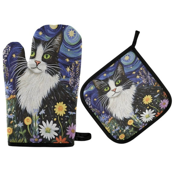 Yayeee Oven Mitts and Pot Holder Set of 2 Heat Resistant Kitchen Gloves Baking Hot Pad, Starry Cat Flower Pattern