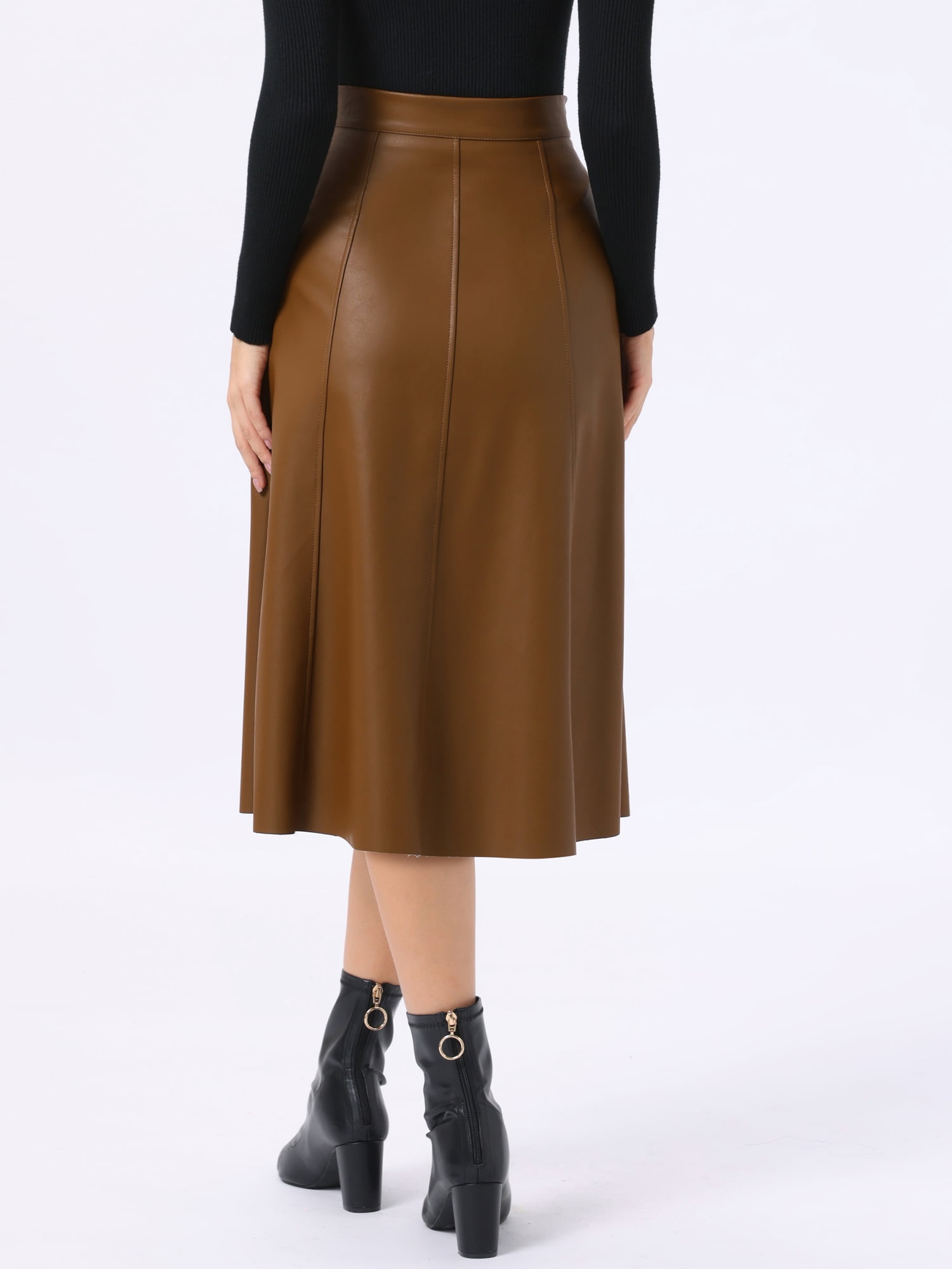 DARING DIVA Women's Vintage A Line Faux PU Leather Midi Skirts Small Khaki Brown