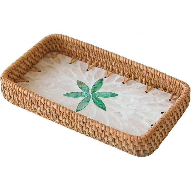 Small Rectangular Rattan Woven Tray Basket with Mother of Pearl, Boho Wicker Coffee Table Decorative Tray, Handmade Display Basket Tray, (Contains onl