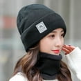 thumbnail image 3 of Guiexla 2 Pcs/Set Women Winter Hat Scarf Set Knitted Thickened Solid Color Warm Windproof Elastic Anti-slip Plush Cycling Neck Wrap Beanie Set Lady Neck Warmer Cap Set, 3 of 8