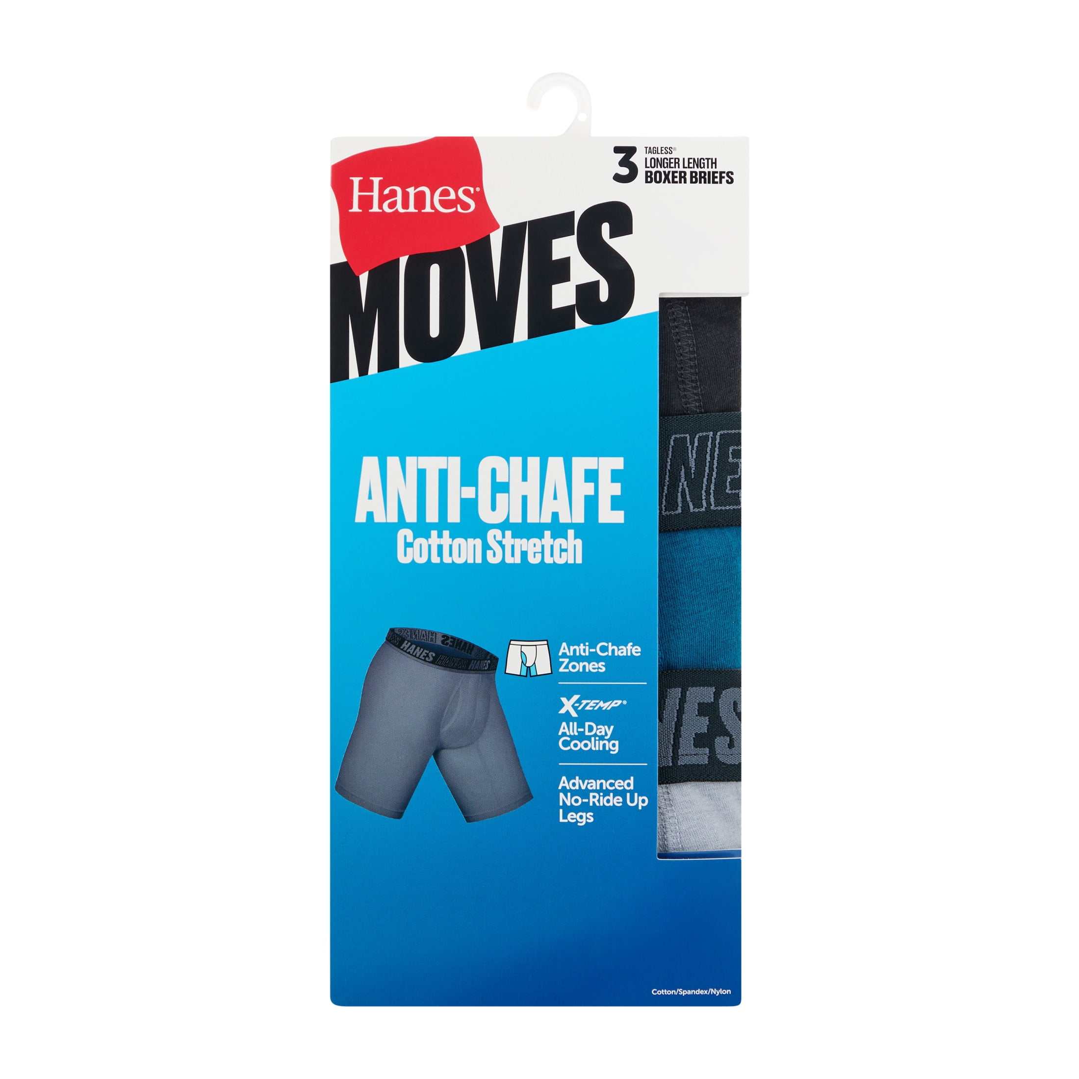 Hanes Mens Underwear Boxer Briefs, 3-Pack, Moves Anti-Chafe Long Leg Boxer Briefs