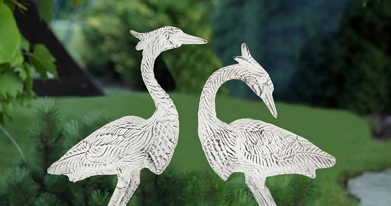 Courting Egret Pair Antique White Metal Garden Sculpture