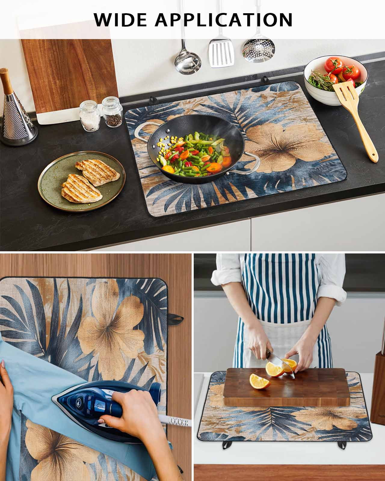 nqOlkjepod Large Induction Cooktop Protector Mat 24"x21", Blue Brown Botanical Stove Top Covers for Electric Stove, Summer Palm Leaf Flowers Elegant Stove Burner Cover Mats, Glass Top Stove Cover