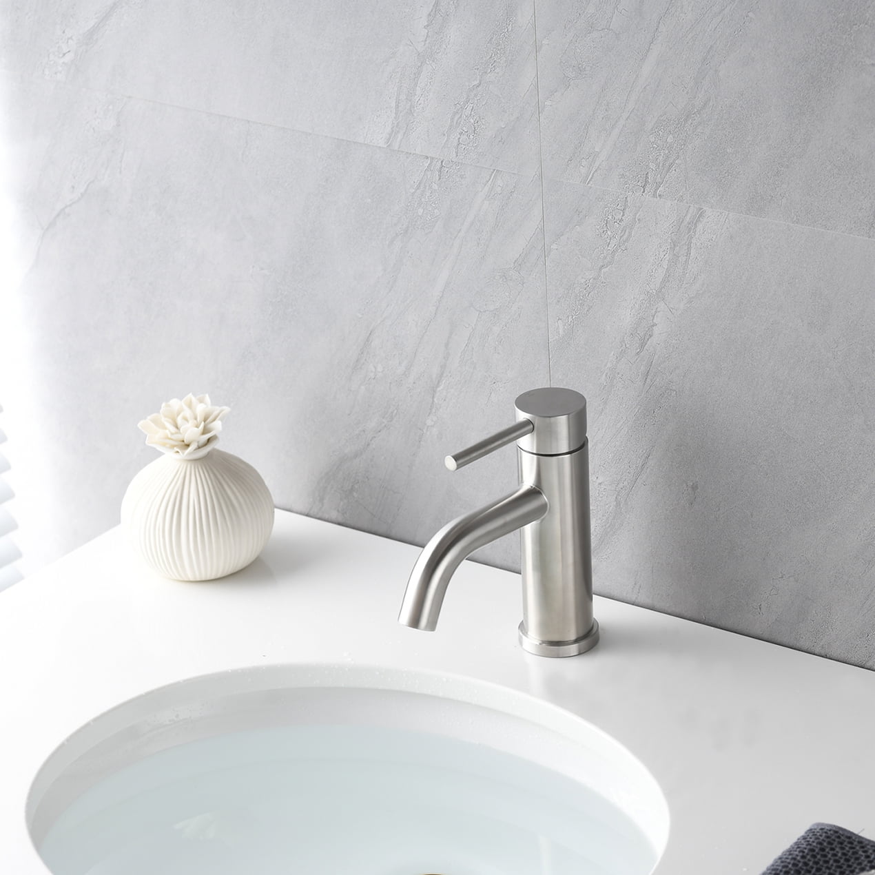 Lisonu Modern Waterfall Bathroom Faucet, Single Hole Vanity Faucet in Brushed Nickel, ADA Compliant Stainless Steel, 6.57" High