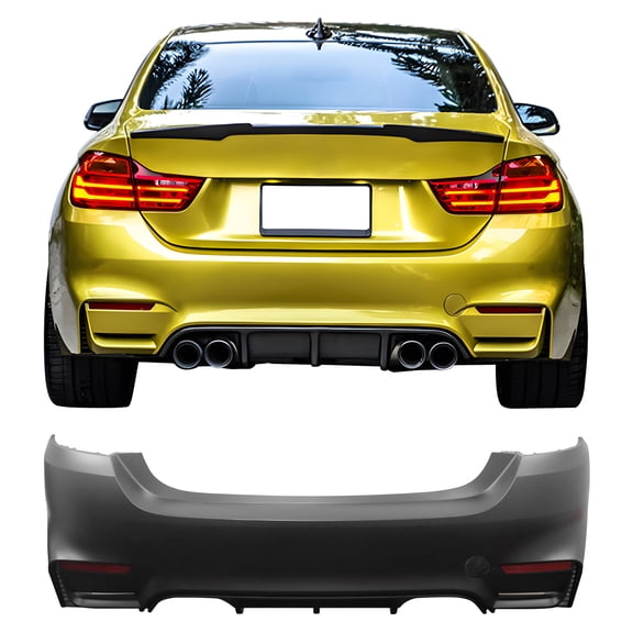 Ikon Motorsports Rear Bumper Cover Conversion Replacement For 2014-2020 BMW F32 4-Series 420i 428i 435i, Unpainted Black PP Polypropylene M4 Style