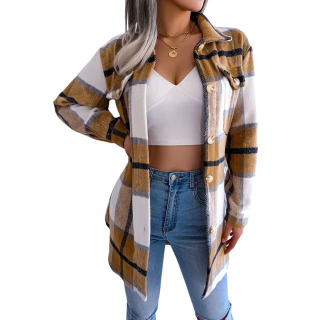 TRKIYQC Mujeres Botones Tops, Manga Larga Solapa Cuello A Cuadros Botones Casual Street Party Botones Abrigo + Pretina TRKIYQC moda