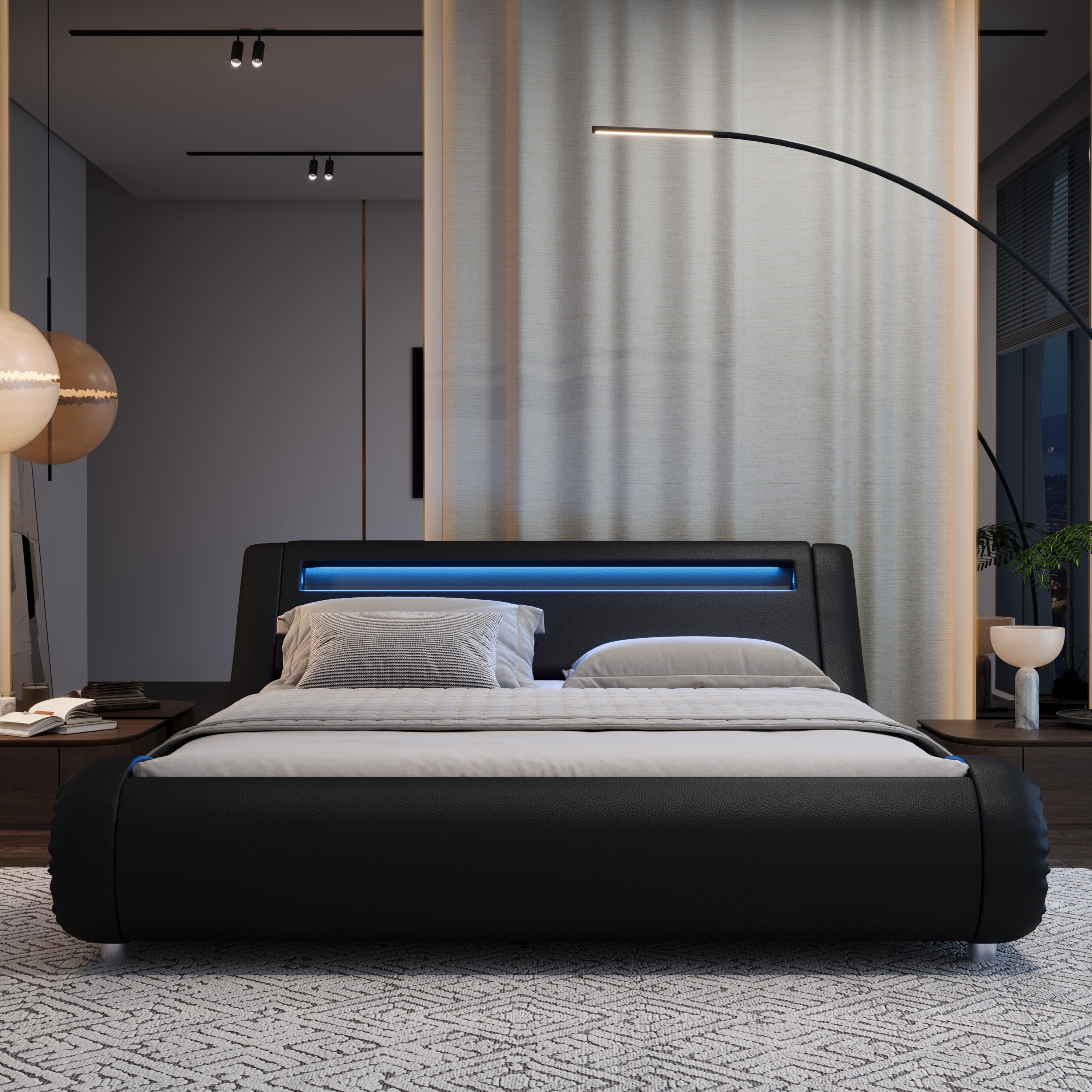 Sifurni Queen size Wave-Like Curve Deluxe Upholstered Modern Bed Frame with LED Headboard, Black