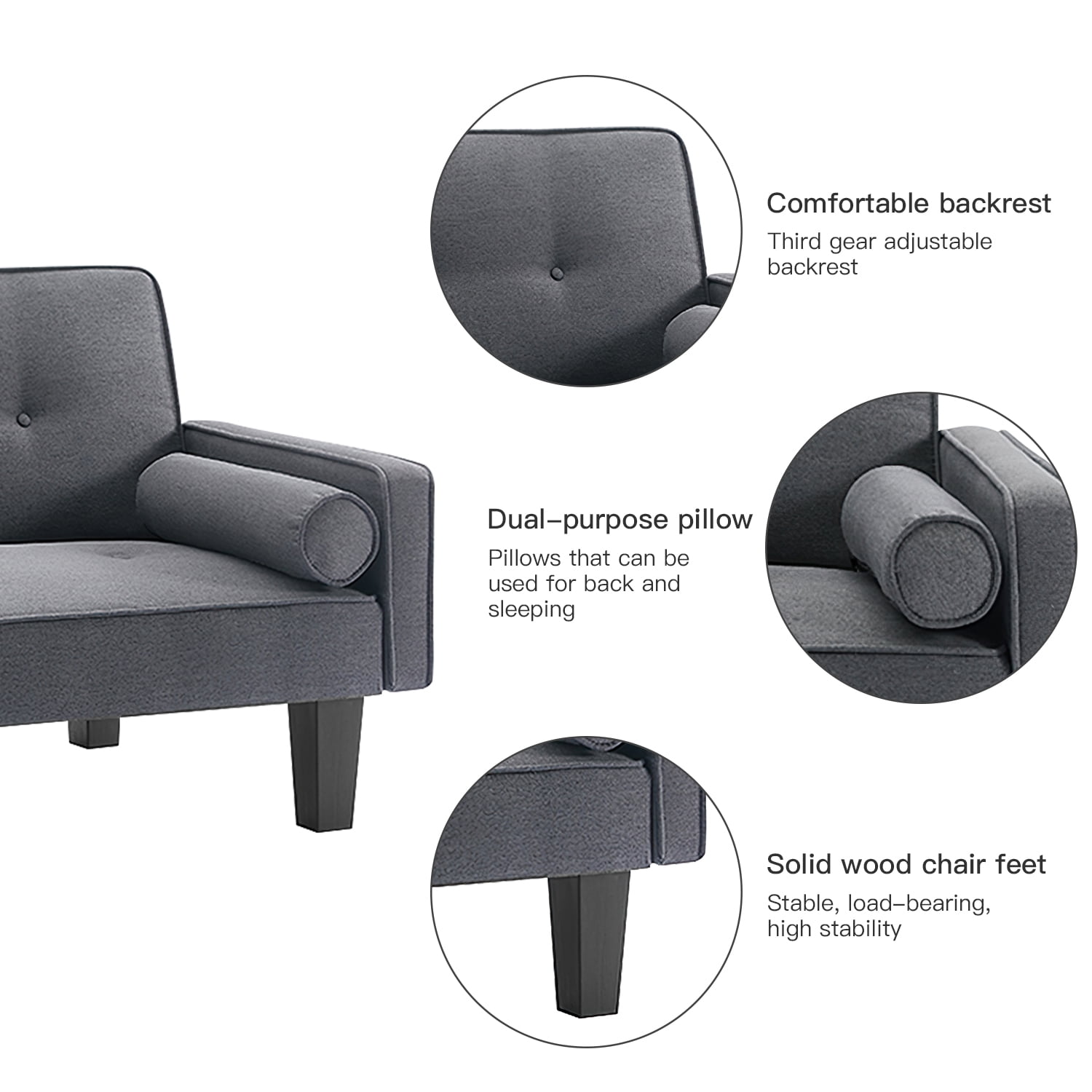Kadyn Convertible Sofa Bed for Small Apartment Living Room, Modern Linen Fabric Futon Sofa Bed with 2 Pillows, 2-Seat Sofa Couch with Adjustable Backrest, Gray Kadyn Convertible Sofa Bed for Small Apartment Living Room, Modern Linen Fabric Futon Sofa Bed with 2 Pillows, 2-Seat Sofa Couch with Adjustable Backrest, Gray