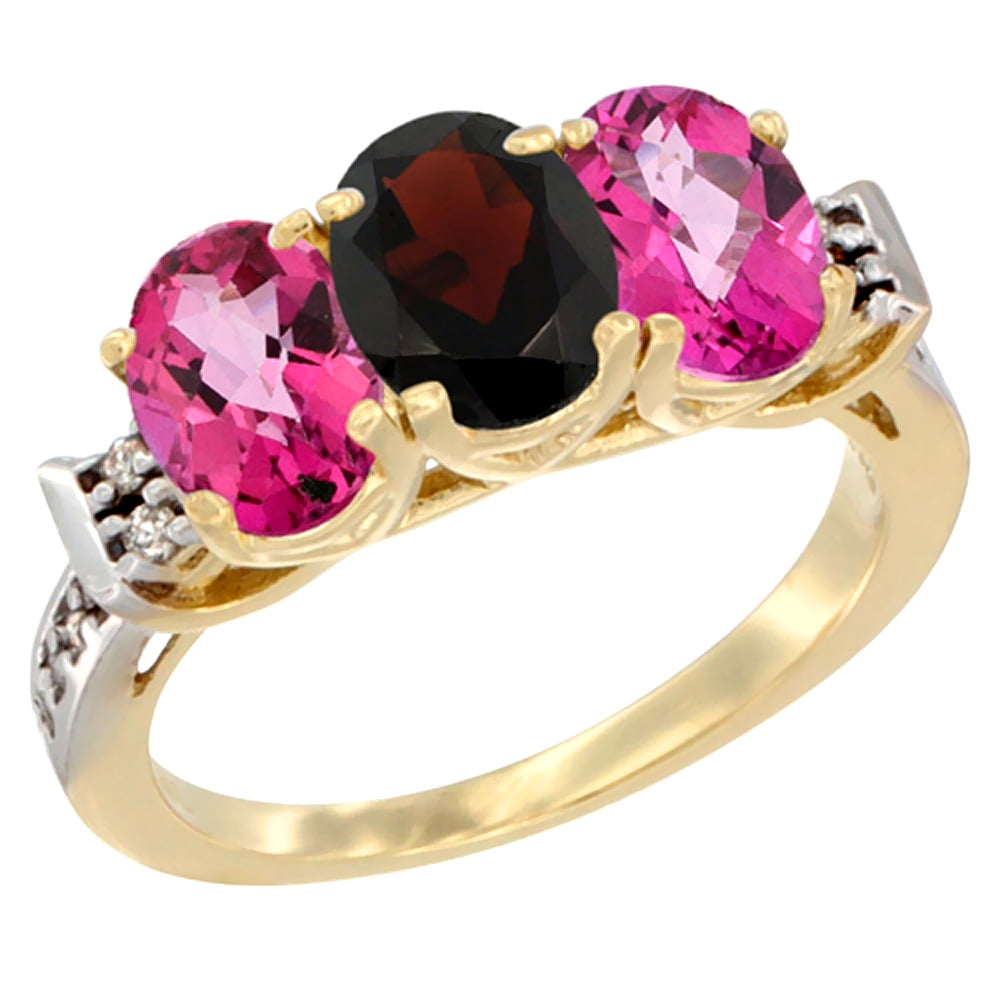 10K Yellow Gold Natural Garnet & Pink Topaz Sides Ring 3-Stone Oval 7x5 mm Diamond Accent, sizes 5 10 by WorldJewels