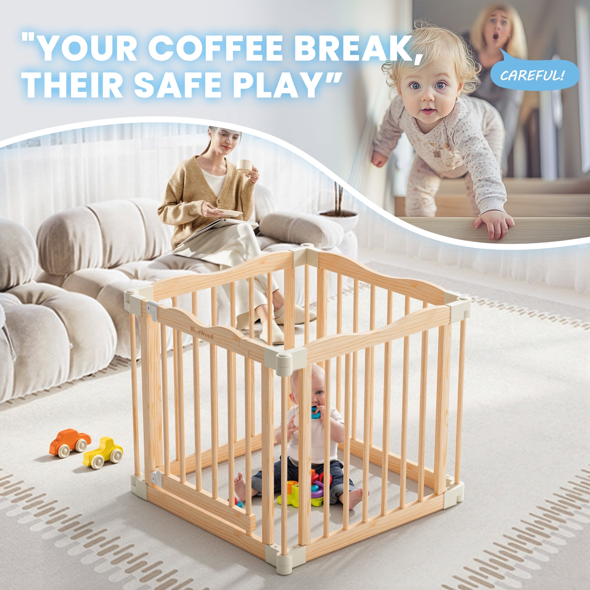 Buballino Natural Wood Baby Playpen - 27.5" Flexible 4-Piece Assembly Set