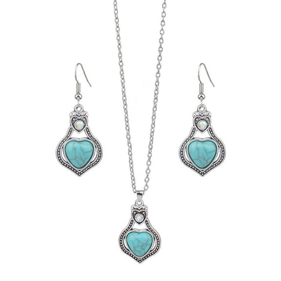 Waroomhouse 2Pcs/Set Ethnic Style Faux Turquoise Necklace Earrings Set Women Shining Rhinestones Inlaid Pendant Necklace Hook Earrings Jewelry Set