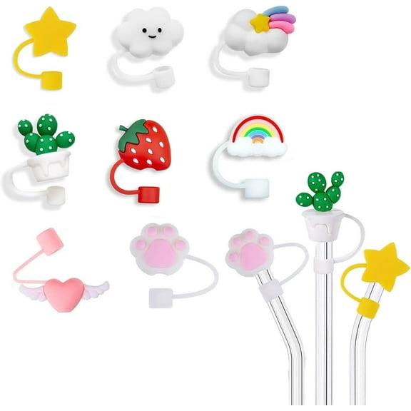(8 Packs) 10mm Straw Covers Cute Silicone Straw Covers Caps Straw Tips Cover for Cartoon Reusable Drinking Straws and Party Birthday Party Gifts