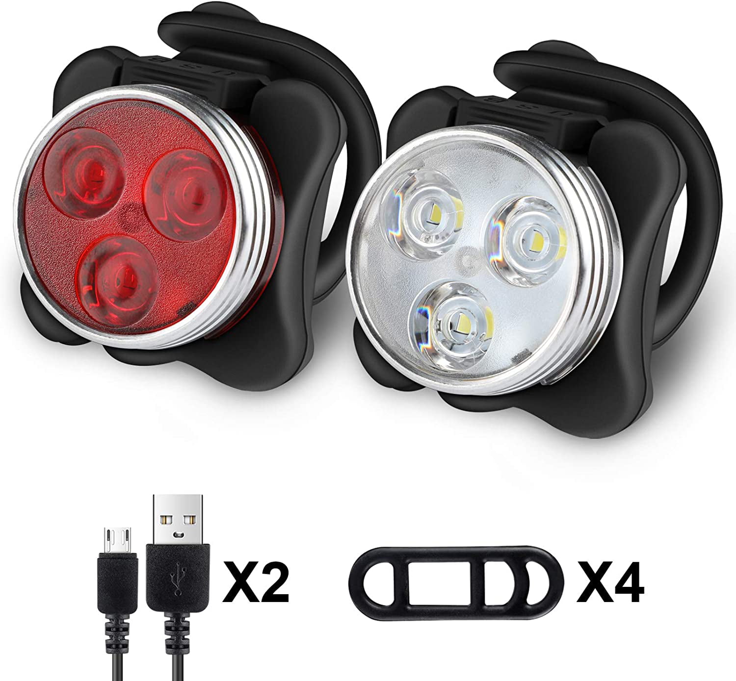 Water Resistent Bicycle Front and Rear Light Rechargeable 4 Modes Energy Saving Safety Ailiebhaus Bike LED Lights Set 1 x Head Light, 2 x Tail Lights 
