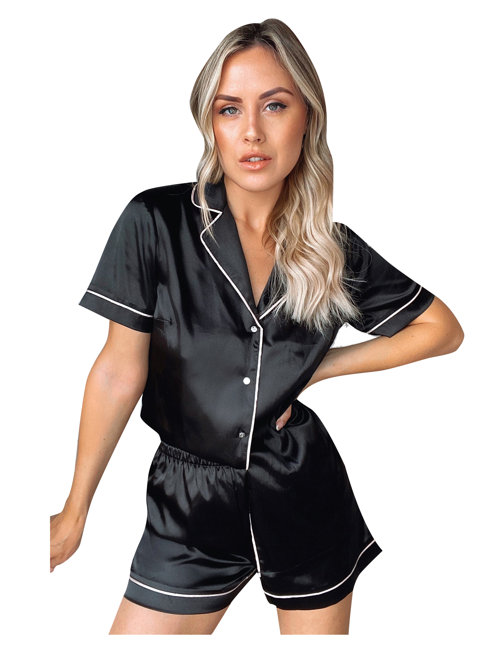 Women's Satin Flannel Pajama Set - Button-Down Top & Elastic Waist Pants Loungewear