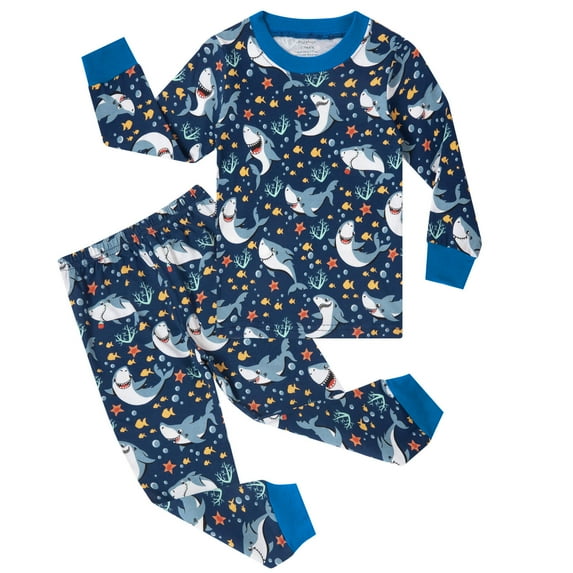 Little Boys Pajamas Cartoon Shark Print 100% Cotton Sleepwear Toddler Kids 2 Piece Long Sleeve Pjs 6080-10T