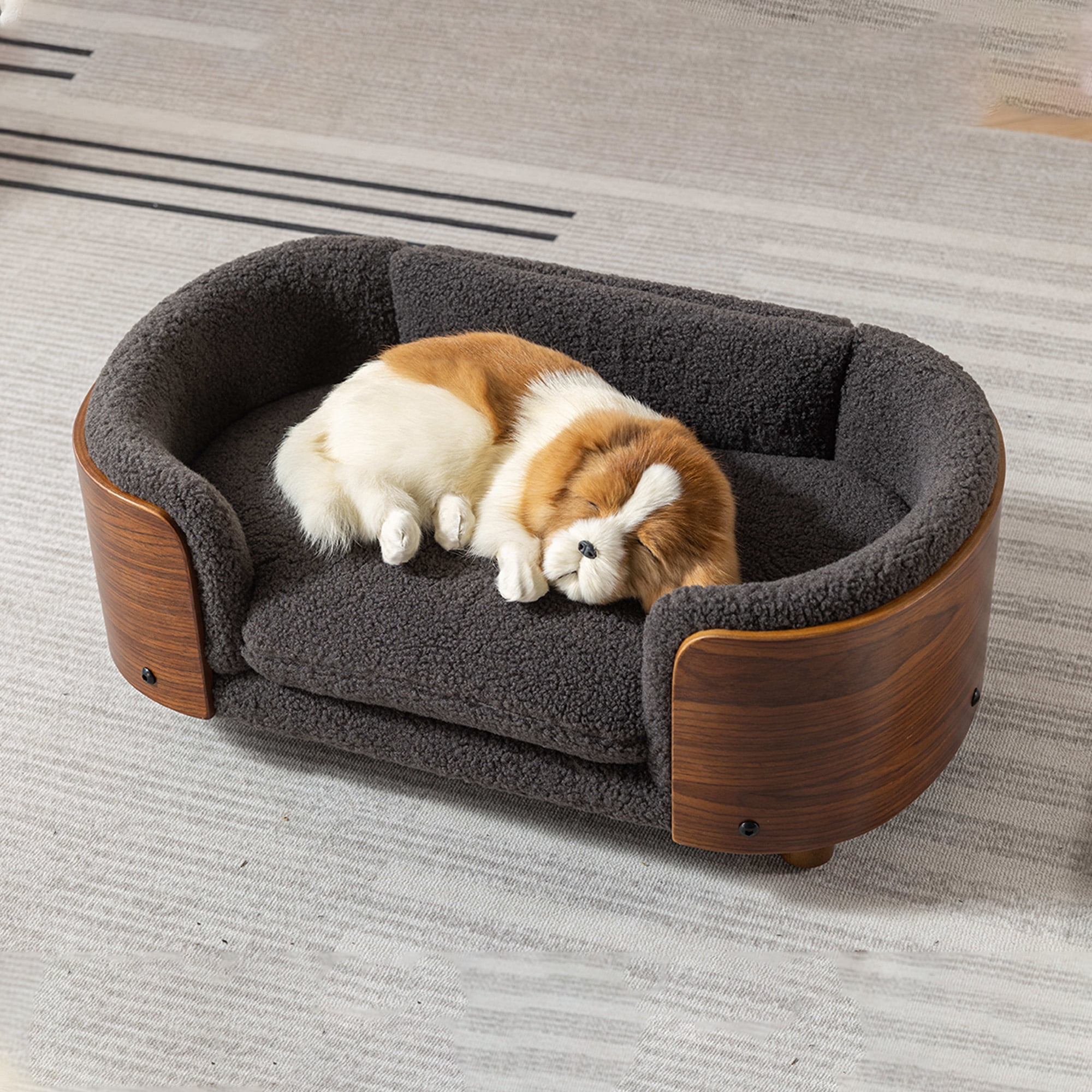Pefilos 26" Pet Sofa for Indoors Dogs, Cat and Dog Bed with Solid Wood Legs and Walnut Bent Wood Back, Cashmere Cushion, Gray Pefilos 26" Pet Sofa for Indoors Dogs, Cat and Dog Bed with Solid Wood Legs and Walnut Bent Wood Back, Cashmere Cushion, Gray
