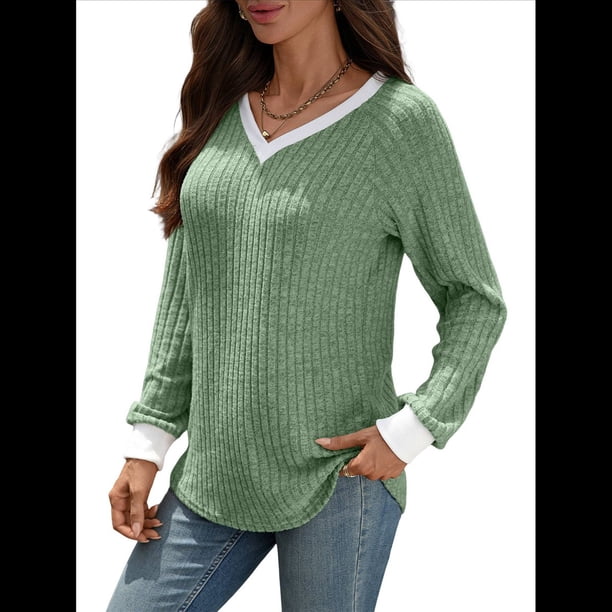 Camisas de Larga con Cuello en V y Bloques de Color para Mujer: Suéteres Túnica Ligeros Informales de Otoño, Conjuntos de Moda. Verde XXL