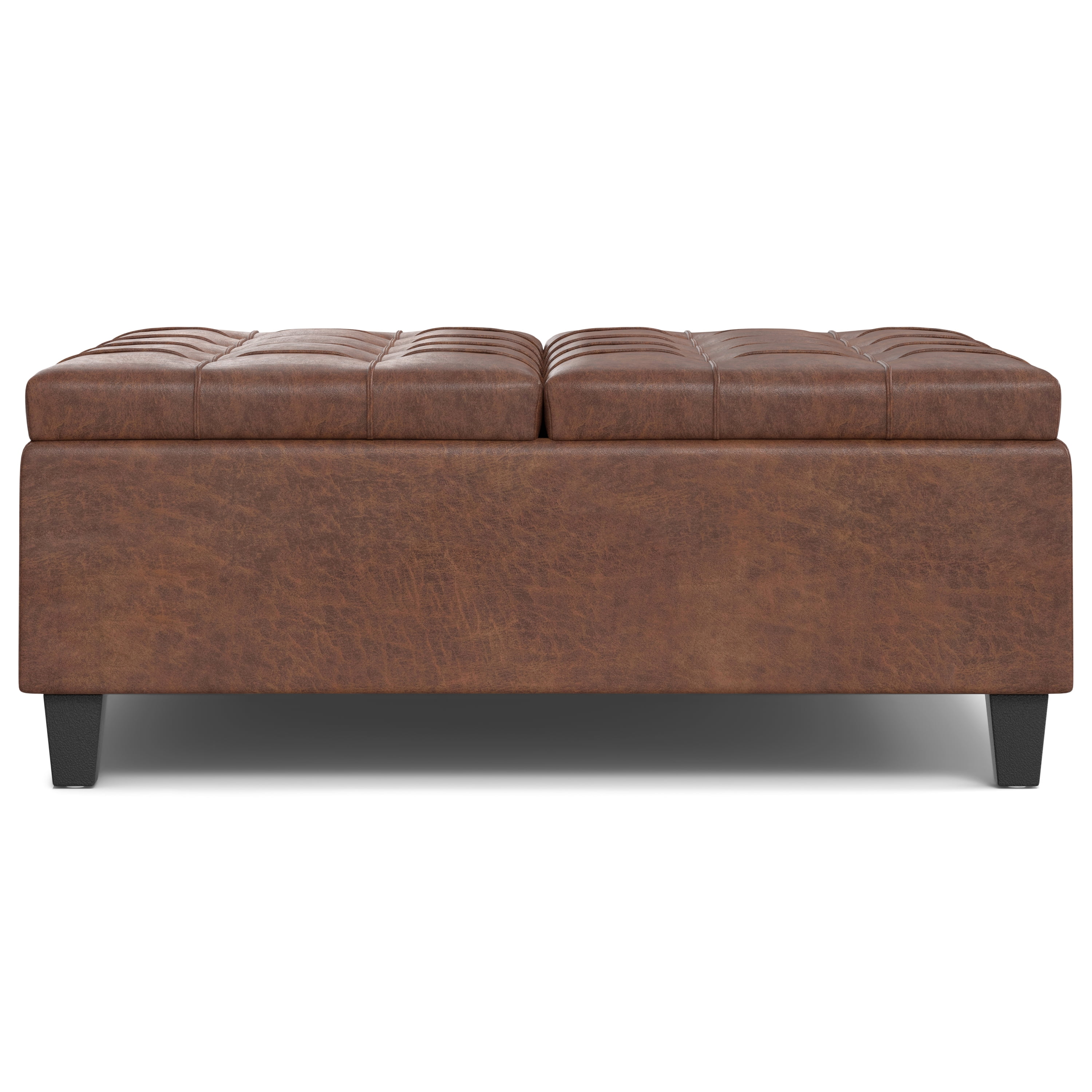 Harrison 40 inch Wide Transitional Large Square Coffee Table Storage Ottoman in Distressed Saddle Brown Vegan Leather