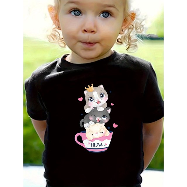 Adorable Cartoon Cats Print Girls' T-Shirt - Comfy Cotton, Short Sleeve, Crew Neck - Perfect for Summer Outdoor Fun