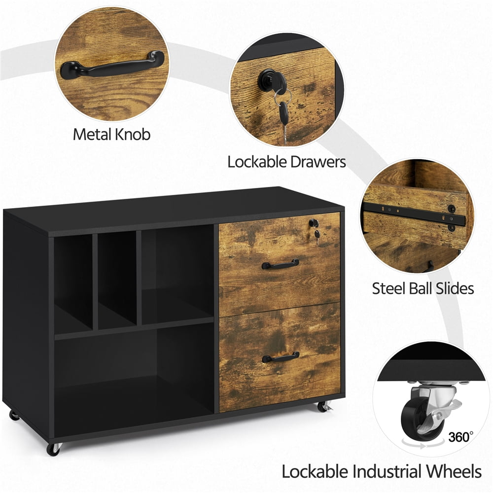 Alden Design Designs Rolling File Cabinet with 2 Drawers and Open Shelving, Rustic Brown