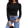 thumbnail image 2 of Spring Autumn Women Long Sleeve Solid Color T-Shirt Slim Fit Ribbed Tops, 2 of 4