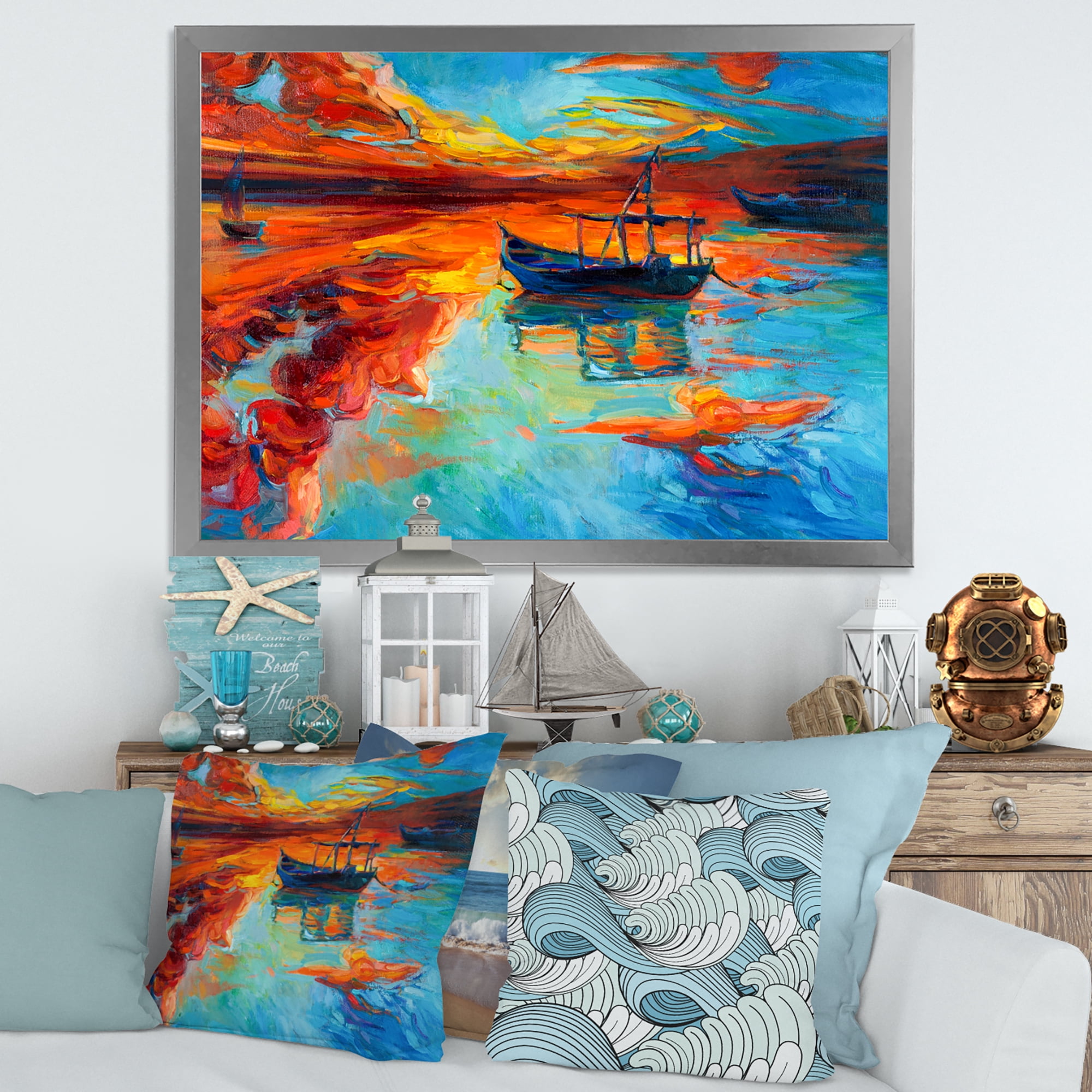 Boat At The Lake During Evening Glow IV 32 in x 16 in Framed Painting Canvas Art Print, by Designart
