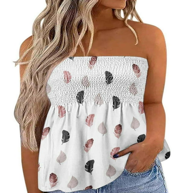 Women‘s Strapless Tank Tops Sleeveless Pleated Gradient Color Ladies Summer Boho Print Loose Fit Pullover