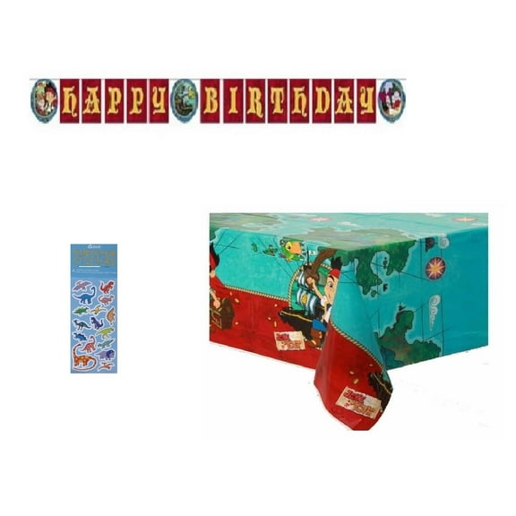 Jake and the Neverland Pirates Birthday Party Supplies Bundle include 1 Happy Birthday Banner, 1 Plastic Table Cover, 1 Dinosaur Sticker Sheet
