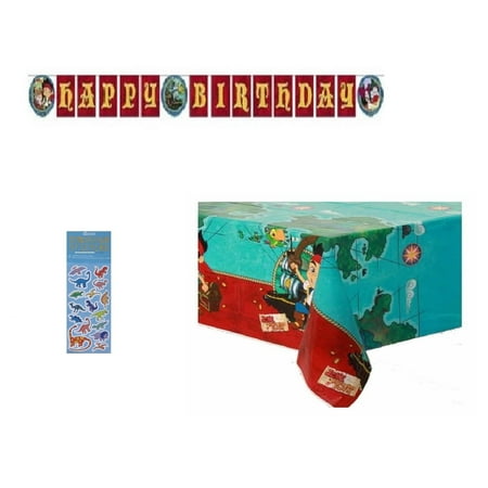 Jake and the Neverland Pirates Birthday Party Supplies Bundle include 1 Happy Birthday Banner, 1 Plastic Table Cover, 1 Dinosaur Sticker Sheet