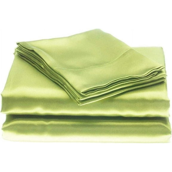 Bedify Bedding 100% Pure Silk Satin Sheet Set 4pcs,Silk Fitted Sheet 15"Deep Pocket Mattress fit,Silk Flat Sheet&Silk Pillowcases Set Cool Soft Silk Sheets|Wrinkle Free Fade Resistant Short Queen Sage