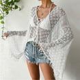 thumbnail image 2 of SWSMCLT Women's Long Sleeve Boho Shirt Crochet Knit Tropical Mexico Vacation Baggy Lace Up Cardigan Sweater Beach Crop Top Sheer Fringe Hawaii Beach Outfit White 12-14, 2 of 5